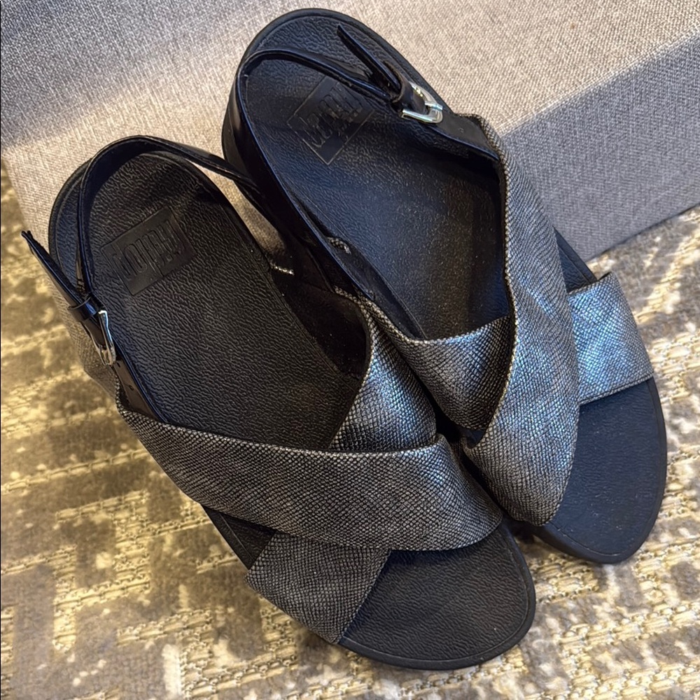 Sleek Black and Silver Cross-Strap Sandals